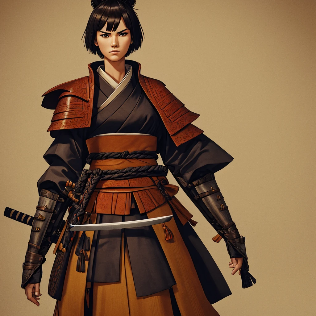 A tall, strong woman with short hair wearing a samurai outfit