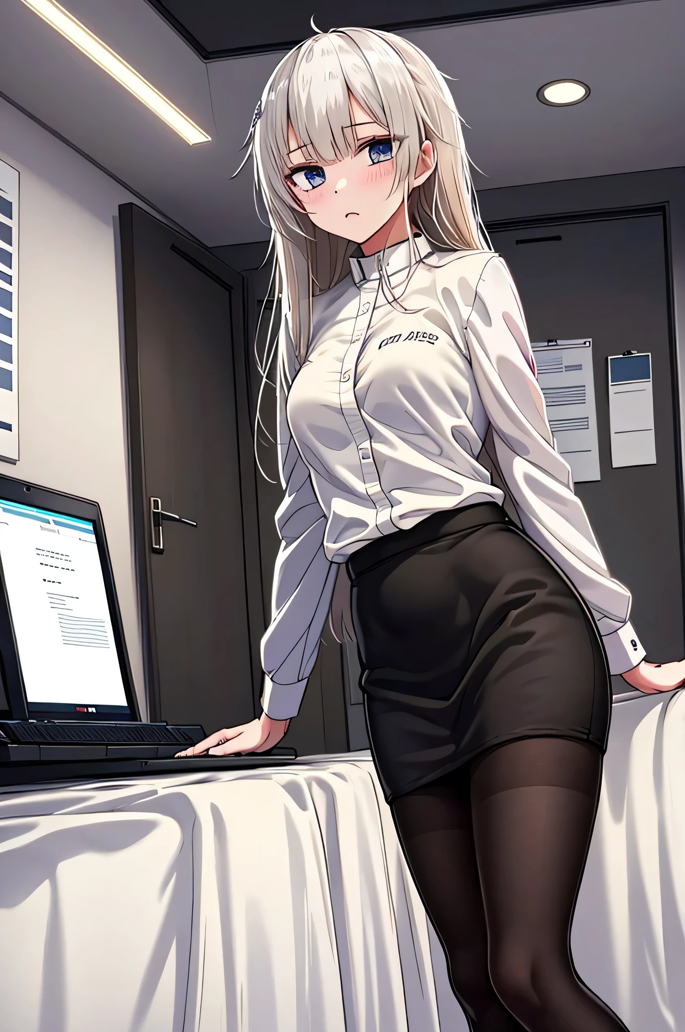 Masterpiece, 1girl, solo, ak-74m, standing, indoor, white shirt, indoor, miniskirt, pencil skirt, inside office, mature women, higrees 