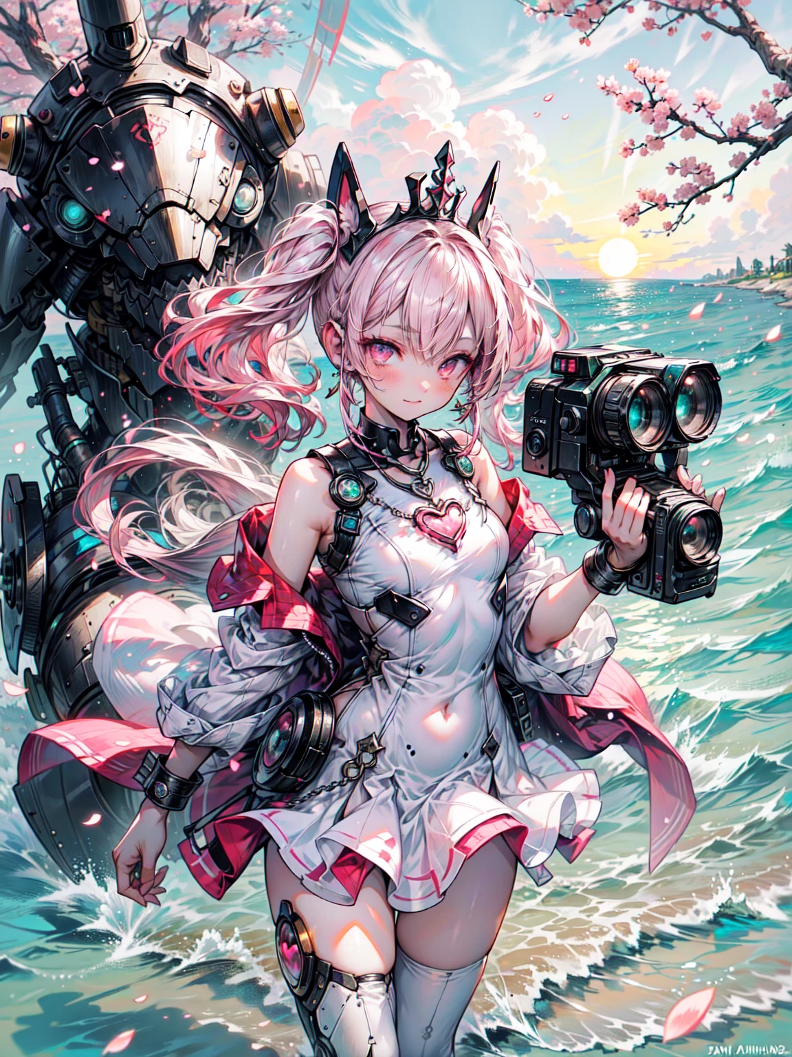 super high quality、8K quality、High resolution、Image quality captured with a single-lens reflex camera、Perfect Anatomy、Cowboy Shot、Green Aicha Girl)((Pink Hair)), Pink Eyes, (Gold Tiara), Twin tails, (Cherry blossom ornament)Sleeveless, (Sleeveless Shirt, Split cuffs, White shirt, Pink tie,) petal, Pink Skirt, Rim Light, Pink Pantyhose, Bare shoulders, Pink sleeves, ((Heart Necklace, Heart Jewelry)),(Clean sandy beach),((Beautiful sunset)),((Cherry blossom ornament)), Cherry blossom pattern、Blake、（Perfect Anatomy、Mechanical parts below the elbows and knees:1.4）、Blake、(Seaside、dawn、The sun shines:1.4)、Machinery Armor、Organic Armor Cyborg、Armor Texture、Blake、(Dark Elf), (1 Girl), alone, Perfect Face, Get used to it, Ahoge, ((Long Hair:1.2)), (Hair above one eye:1.3), [[Messy Hair]], Shiny blonde white hair, Purple eyes, Variegated eyes, Colorful Hair, Shining Eyes, (eyelash, eye shadow, pink eye shadow), bright, smile, Design Art：haruhiko mikimoto, by Kawashi, By Yoshitaka Amano, Dark Skin