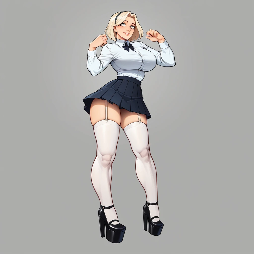 (Masterpiece), best quality, expressive eyes, perfect face, beautiful girl, has the (((Giant ))) white pleated skirt, Has, , 3 days, Octane number, Unreal engine 5, Conceptual art, bright colors, shine, trending on Artstation, ultra-high detail, ultra-realistic, cinematic lighting, concentrated, 8 mil., white stockings, black garter belts, platform shoes