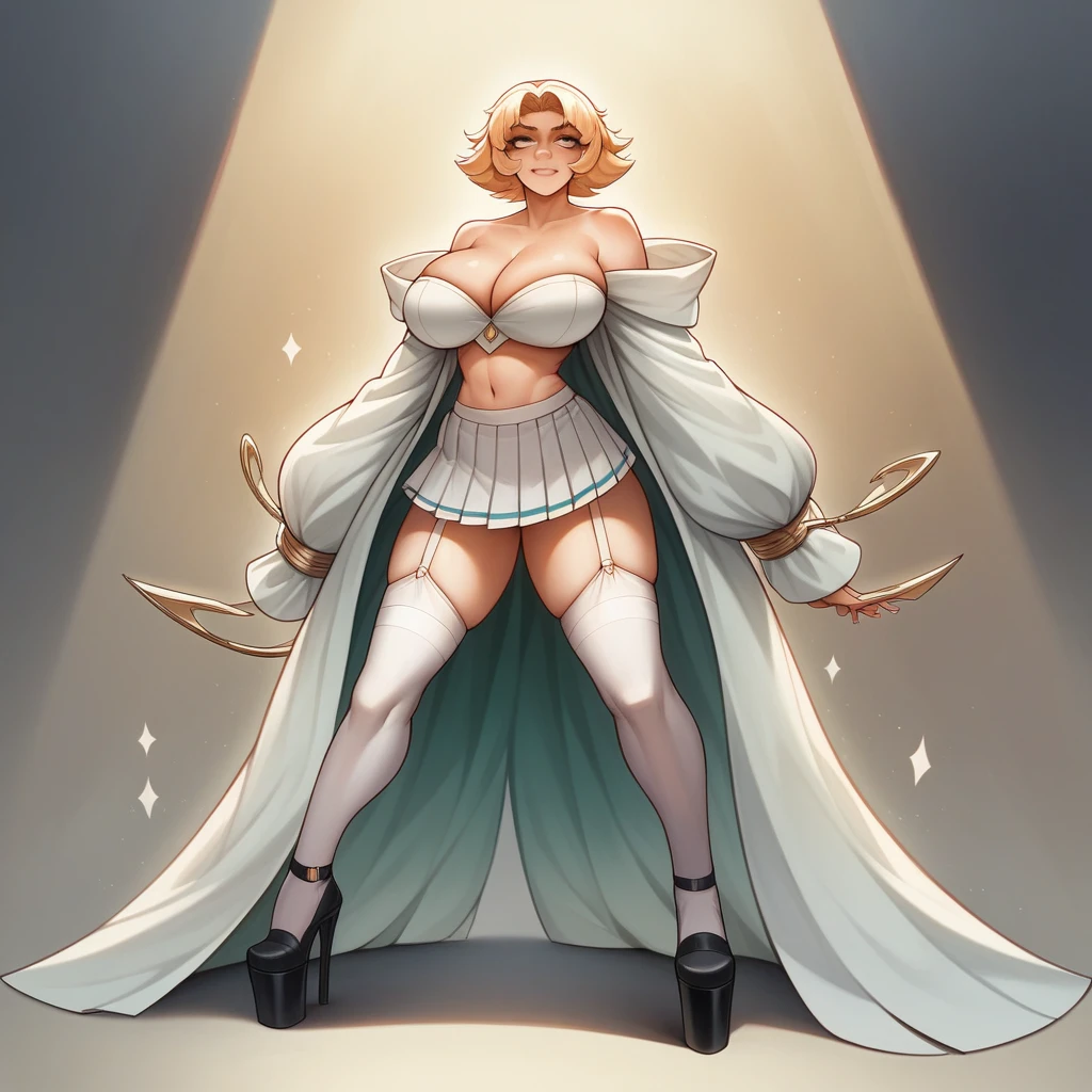(Masterpiece), best quality, expressive eyes, perfect face, beautiful girl, has the (((Giant Breasts))) white pleated skirt, Has, , 3 days, Octane number, Unreal engine 5, Conceptual art, bright colors, shine, trending on Artstation, ultra-high detail, ultra-realistic, cinematic lighting, concentrated, 8 mil., white stockings, black garter belts, platform shoes
