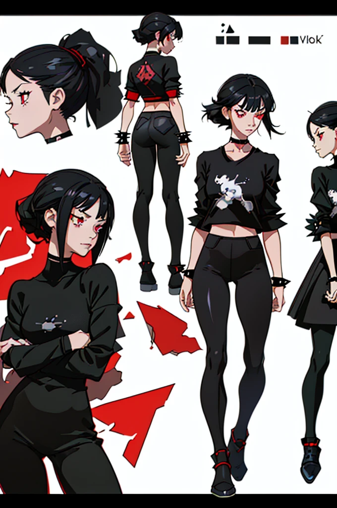(full body) (same character front, back, side view) (model sheet) (multiple views of the same character), beautiful red eyes, anime woman, perfect anatomy, delicate and cute face, short black hair, skin very white, black nails, black lips, wearing black leggins, small black t-shirt, black choker with spikes, black bracelets