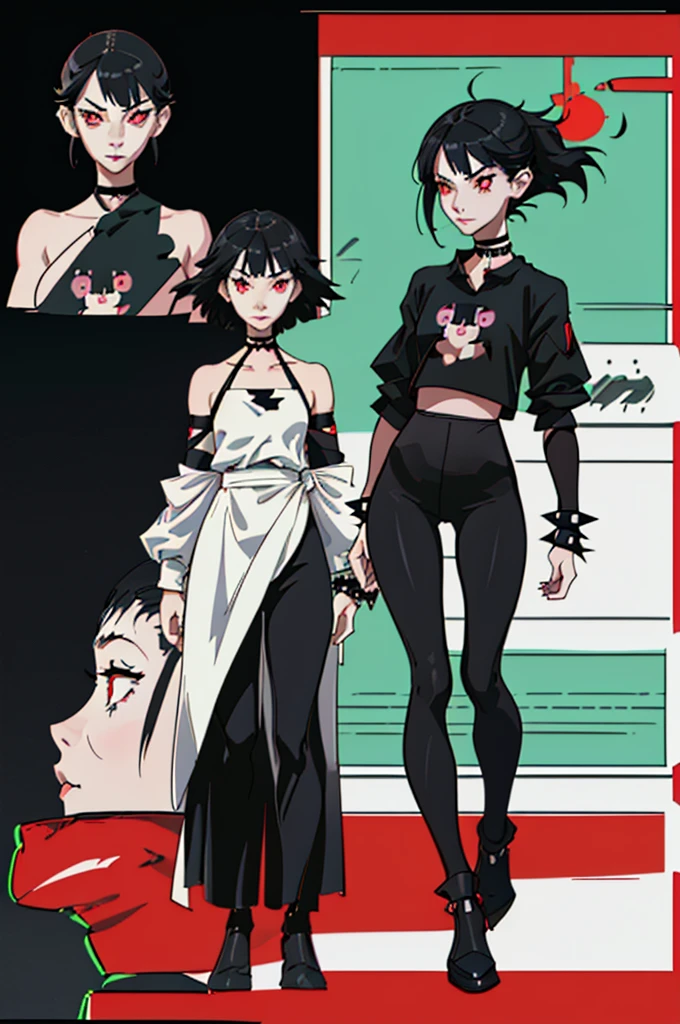 (full body) (same character front, back, side view) (model sheet) (multiple views of the same character), beautiful red eyes, anime woman, perfect anatomy, delicate and cute face, short black hair, skin very white, black nails, black lips, wearing black leggins, small black t-shirt, black choker with spikes, black bracelets