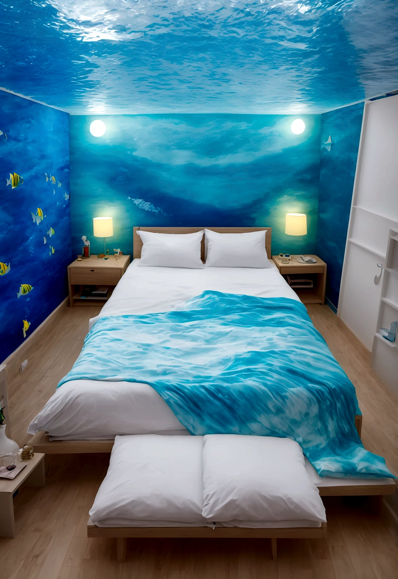 The bed in the sea is shining with neon lights.、Surrounded by vibrant colors。There are no people in the sea、I can hear the quiet sound of the waves。The bed is covered with fluffy pillows and soft futons.、It&#39;s like a dream world。Underwater bed、Mainly Blue
