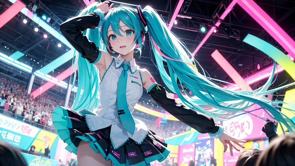 Please upscale Hatsune Miku。This painting depicts an active and colorful dance party scene featuring Hatsune Miku.。Colorful neon lights are shining all around.。