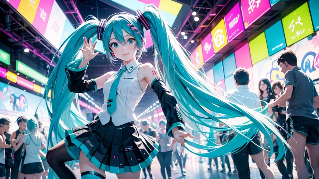 Please upscale Hatsune Miku。This painting depicts an active and colorful dance party scene featuring Hatsune Miku.。Colorful neon lights are shining all around.。