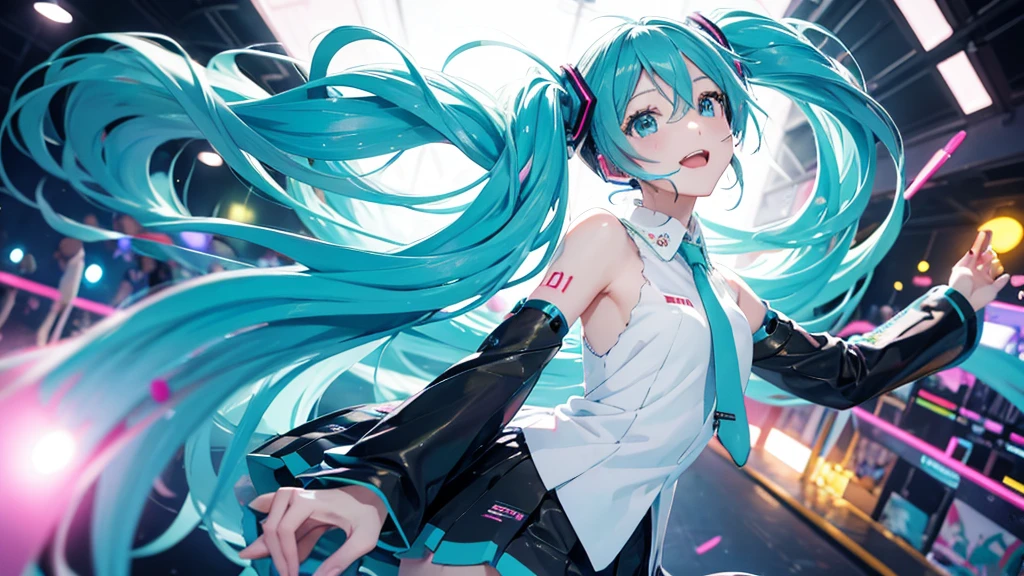 Please upscale Hatsune Miku。This painting depicts an active and colorful dance party scene featuring Hatsune Miku.。Colorful neon lights are shining all around.。