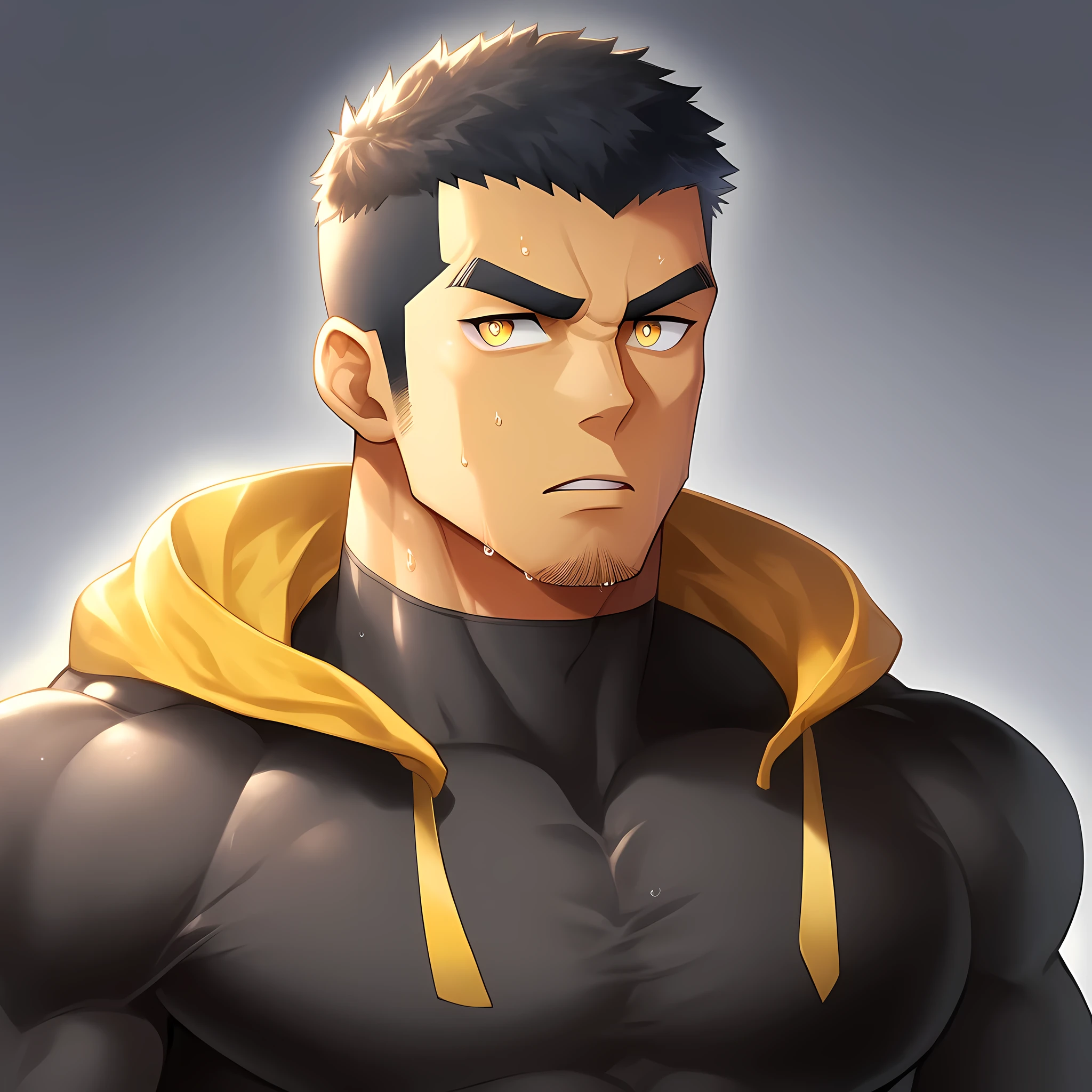 anime characters:Gyee, Deep black skin, Muscle Sports Student, 1 muscular tough guy, Manliness, male focus, Close-up of the side, Light yellow high collar long sleeve tight T-shirt, Very tight, The clothes were soaked with sweat, The pectoral muscles are oversized, Slightly transparent, muscular male, muscular, only, Upper body, alone, Black short hair, Thick eyebrows, stubble, Yellow eyes, Grey background, simple background, amazing quality, best aesthetics, Ridiculous, bright pupils, crew cut, parted lips, v-shaped eyebrows, jitome, disdain, drop shadow, best quality