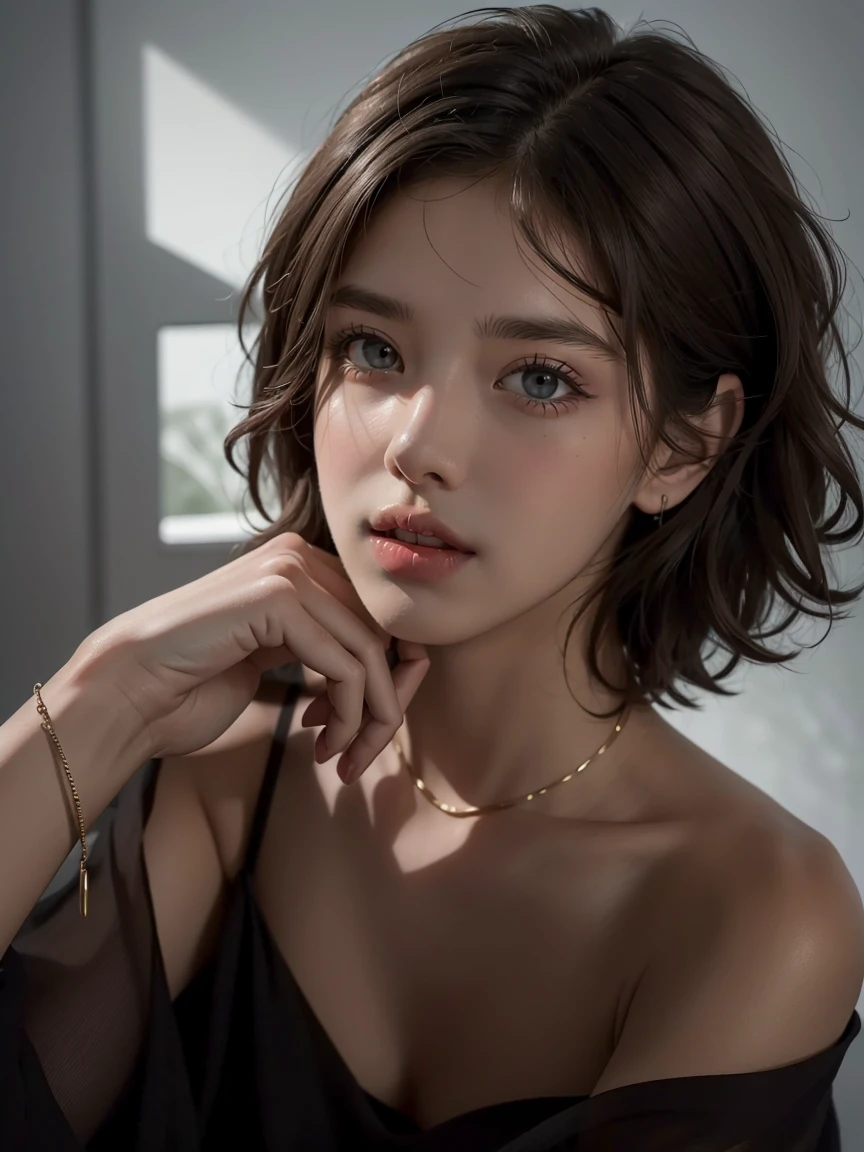 Best quality, masterpiece, ultra high res, (photorealistic:1.5), raw photo, two girls is deeply in love with each other, kiss, offshoulder, in the dark, deep shadow, low key, cold light, sexy look, short hair