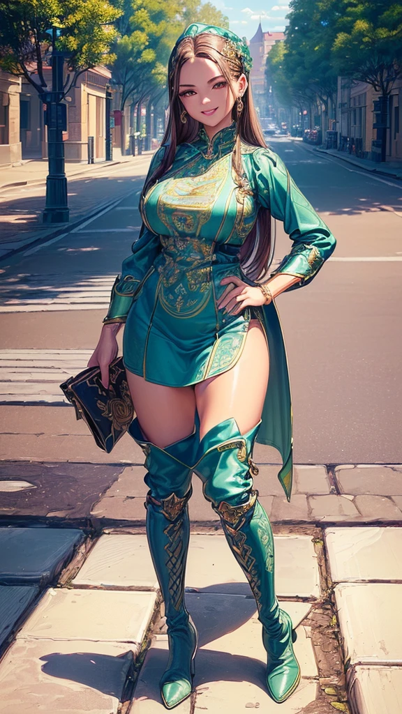((highest quality)),(ultra high resolution),(Super detailed),(detailed description),((best CG)),(best work of art),super precision art,amazing drawing art,(Art with precise details:1.5), (1 female:1.5),fashion leader:1.6,(beautiful and well-shaped face:1.5),(smile:1.5),(Casual fashion depicted in precise detail:1.6),(Knee-high boots:1.5), (Meticulously detailed street corners:1.4),(evergreen:1.4),cafeteria
