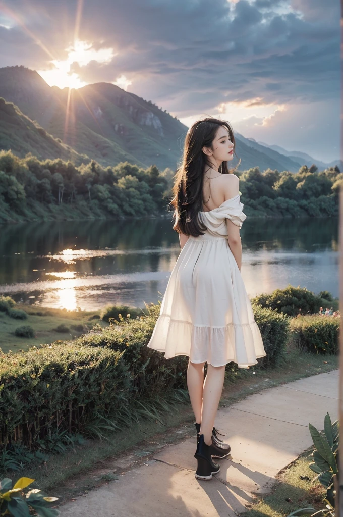 (((best quality))),(((ultra detailed))),(((masterpiece))),illustration,((1 beautiful girl,solo)),((slim,thin,flat chest)),(shoulder length straight hair:1.2),flowing hair,fair skin,(shiny skin:1.3),detailed eyes,laughing,(shirt-dress:1.3),delicate necklace,grass,dewdropletts,trees,bird chirping,serenity,gratitude,awe,wonders of nature,peace,contentment,magnificent world,summer,(pitch-dark dawn:1.5),(night scene:1.3),((full body,from front)),after rain,(wet:1.3),standing,on the path,At the mountaintop,confident gaze,elegant posture,mysterious atmosphere,solemn mood,dawn approaching,detailed decorations,(sunrise:1.3),(cloudy sky:1.2),rainbow,(Rural Landscape:1.2),horizon,slender legs,sneakers,(arms behind back:1.2)