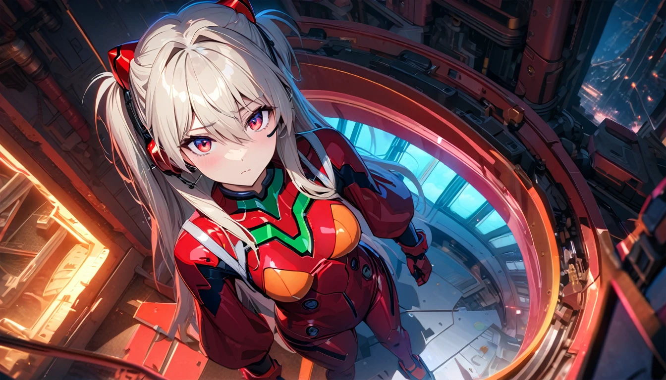 (view from above),dynamic angle,ultra detailed, illustration, close-up, Right on, 1 girl, 
 ((Suryu Asuka Langley, headset interface, red bodysuit:1.4, blonde)),Her eyes shone like Dreamy stars,(Brilliant eyes:1.233),(Beautiful and detailed eyes:1.1),(inexpressive,closed mouth),(standing), 
(Mechanical room with tools and spaceship window in white SPACESHIP),
(night:1.2),Dreamy, [[gentle fingers and hands:0.55]::0.85],(detailed fingers),),(emotional),(breathtaking),(main part:1.2) whole body.), (Anime Style), (Super Detailed), (brutal), (uhd, HDR), (8K), (High Resolution: 1.2), (Complex and Beautiful: 1.2), (Dramatic Lighting: 1.2) , (staring at the viewer), lora:add_detail:1, female necromancer, flowing white hair, detailed red eyes, skelet, Tomohiko Ito style