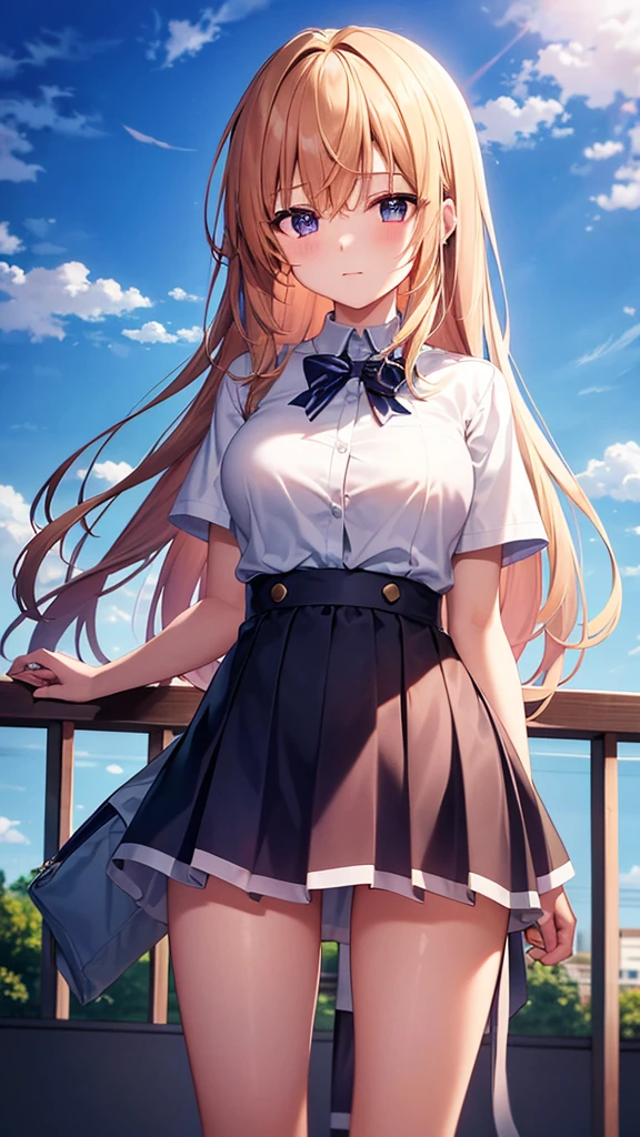 A busty woman becomes embarrassed when her skirt flips up in the wind and it becomes obvious that she is not wearing panties.