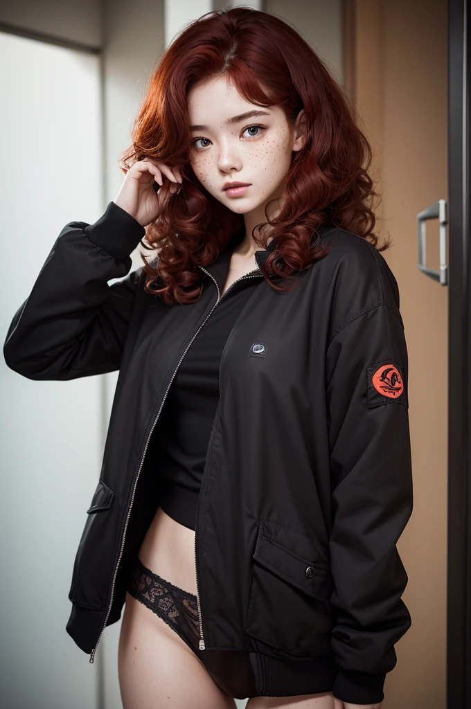 photograph of a 24 year old woman, face perfect, OGood de arte, Good, Underwear, blackw_Good, jaket, blackw_knickers, slanted eyes, curly hair, red hair, freckles on the face 