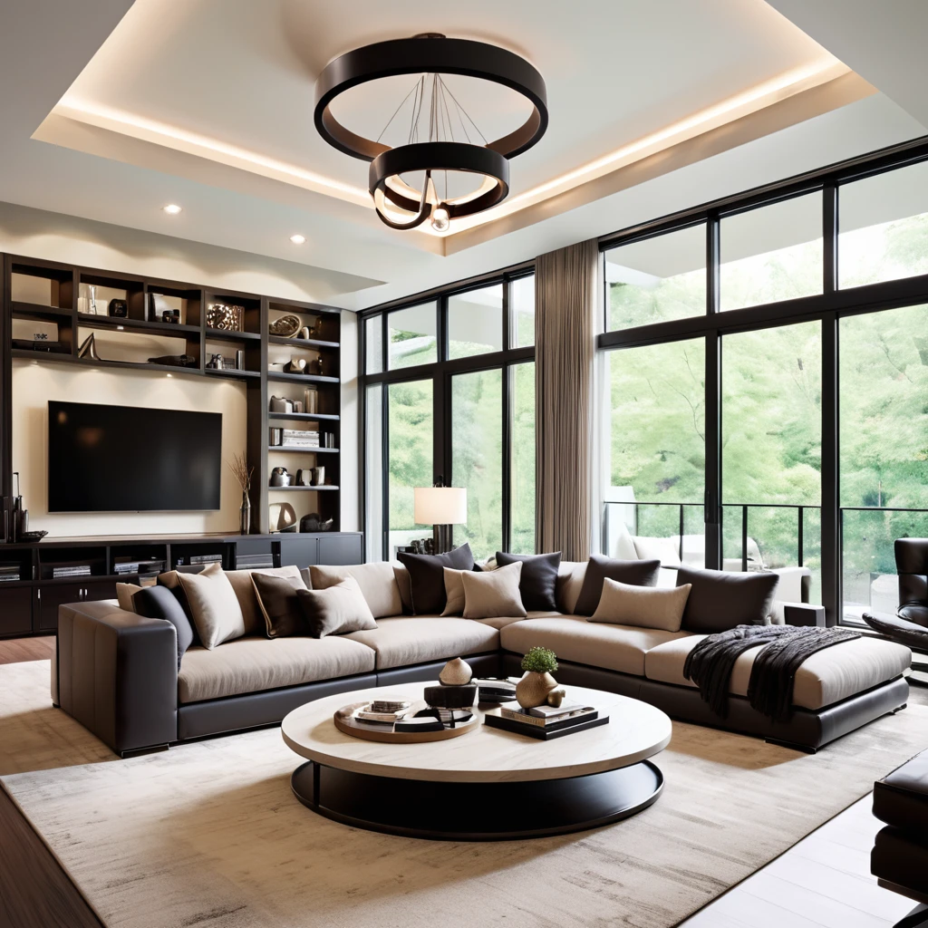 Create a sleek and elegant living room with a modern design. The room should have high ceilings and large floor-to-ceiling windows that bring in natural light. Furnish the space with a spacious sectional sofa adorned with neutral and dark pillows, a contemporary round coffee table, and an entertainment center with integrated shelves. Install circular pendant lights from the ceiling for a touch of sophistication. Decorate the shelves with a few decorative items and books to complete the stylish look.