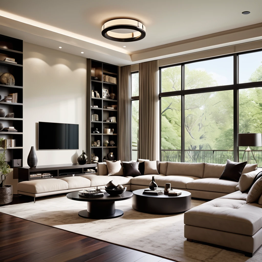 Create a sleek and elegant living room with a modern design. The room should have high ceilings and large floor-to-ceiling windows that bring in natural light. Furnish the space with a spacious sectional sofa adorned with neutral and dark pillows, a contemporary round coffee table, and an entertainment center with integrated shelves. Install circular pendant lights from the ceiling for a touch of sophistication. Decorate the shelves with a few decorative items and books to complete the stylish look.