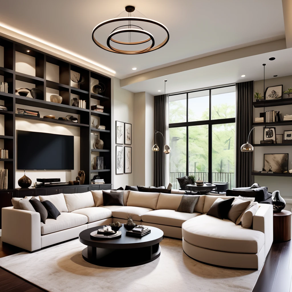 Create a sleek and elegant living room with a modern design. The room should have high ceilings and large floor-to-ceiling windows that bring in natural light. Furnish the space with a spacious sectional sofa adorned with neutral and dark pillows, a contemporary round coffee table, and an entertainment center with integrated shelves. Install circular pendant lights from the ceiling for a touch of sophistication. Decorate the shelves with a few decorative items and books to complete the stylish look.