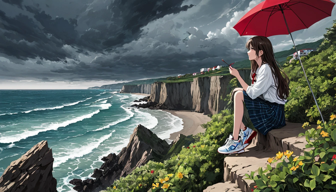 Sea with waves. A sky with dark clouds. A beautiful beach with cliffs. A 16-year-old girl sits precariously on a high cliff with a red umbrella. Her girl's hair blows in the wind. She girl is planting bb sneakers. Five pretty fingers.