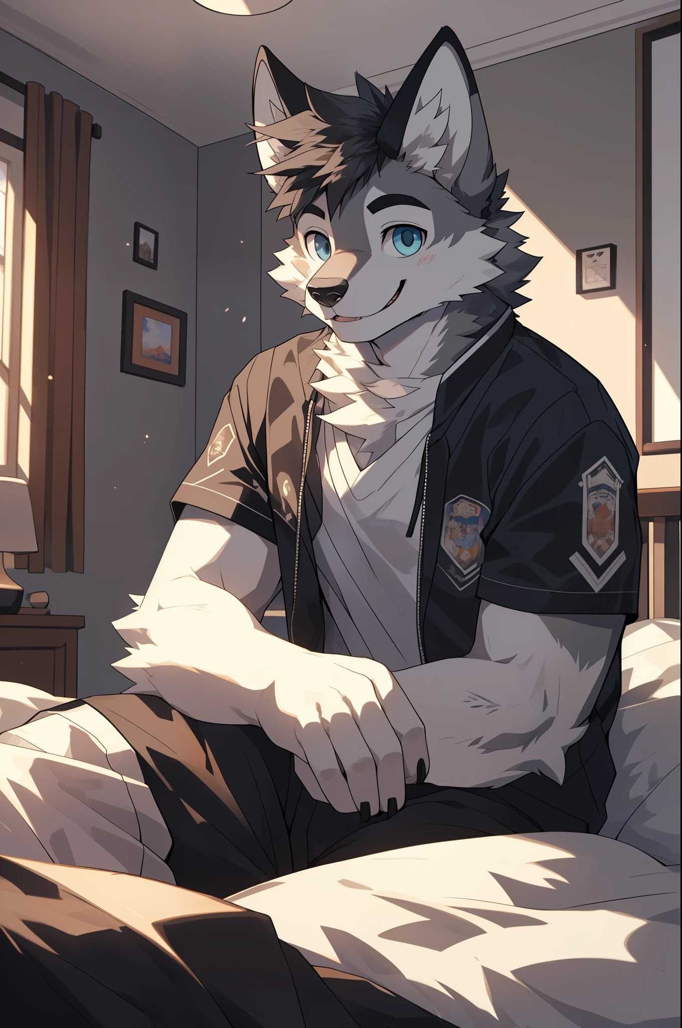 (highest resolution, Dynamic HDR, 4K, Full HD) furry, 18 years old, be happy, gray fur wolf, Tall figure, gray figure, blue eyes, black eyebrows, Random clothes, A smile on his face., resting, bedroom, upper body, handsome, round_cornea, Nerd, Dark face, warm