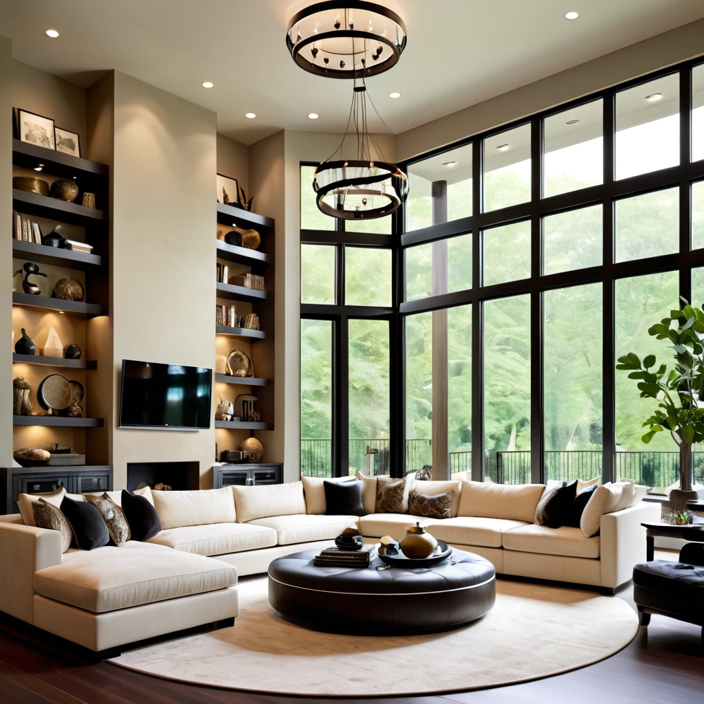 Design an opulent and contemporary living space featuring high ceilings and expansive windows that offer plenty of natural light. The living room should include a large sectional sofa with a variety of neutral and dark pillows, a chic round coffee table, and a modern entertainment center with built-in shelving. Hang circular pendant lights from the ceiling to add elegance. Ensure the room is decorated with a few carefully chosen decorative items and books on the shelves to create a refined and inviting atmosphere.
