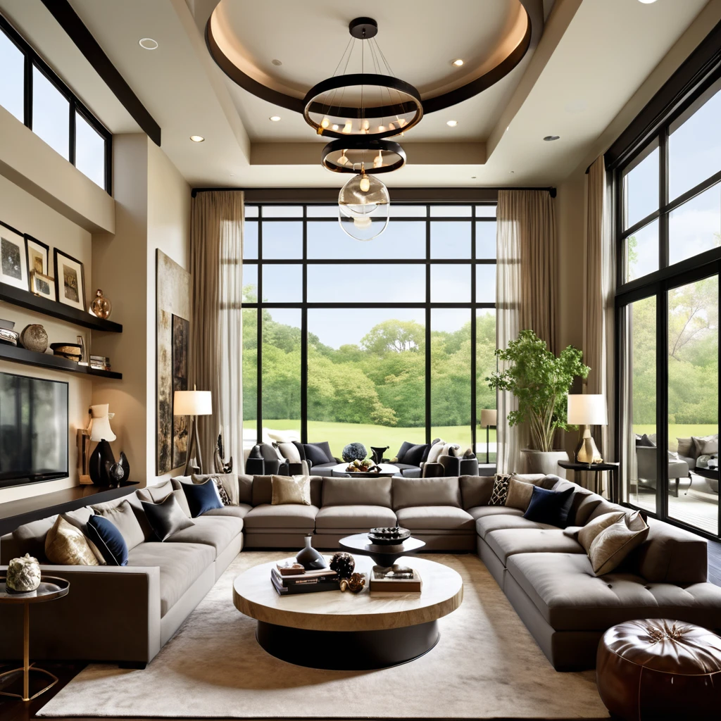 Design an opulent and contemporary living space featuring high ceilings and expansive windows that offer plenty of natural light. The living room should include a large sectional sofa with a variety of neutral and dark pillows, a chic round coffee table, and a modern entertainment center with built-in shelving. Hang circular pendant lights from the ceiling to add elegance. Ensure the room is decorated with a few carefully chosen decorative items and books on the shelves to create a refined and inviting atmosphere.
