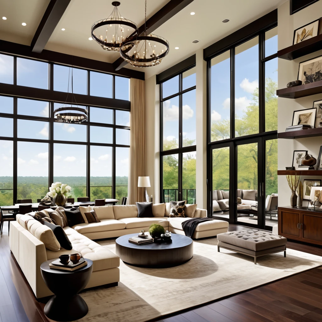 Design an opulent and contemporary living space featuring high ceilings and expansive windows that offer plenty of natural light. The living room should include a large sectional sofa with a variety of neutral and dark pillows, a chic round coffee table, and a modern entertainment center with built-in shelving. Hang circular pendant lights from the ceiling to add elegance. Ensure the room is decorated with a few carefully chosen decorative items and books on the shelves to create a refined and inviting atmosphere.