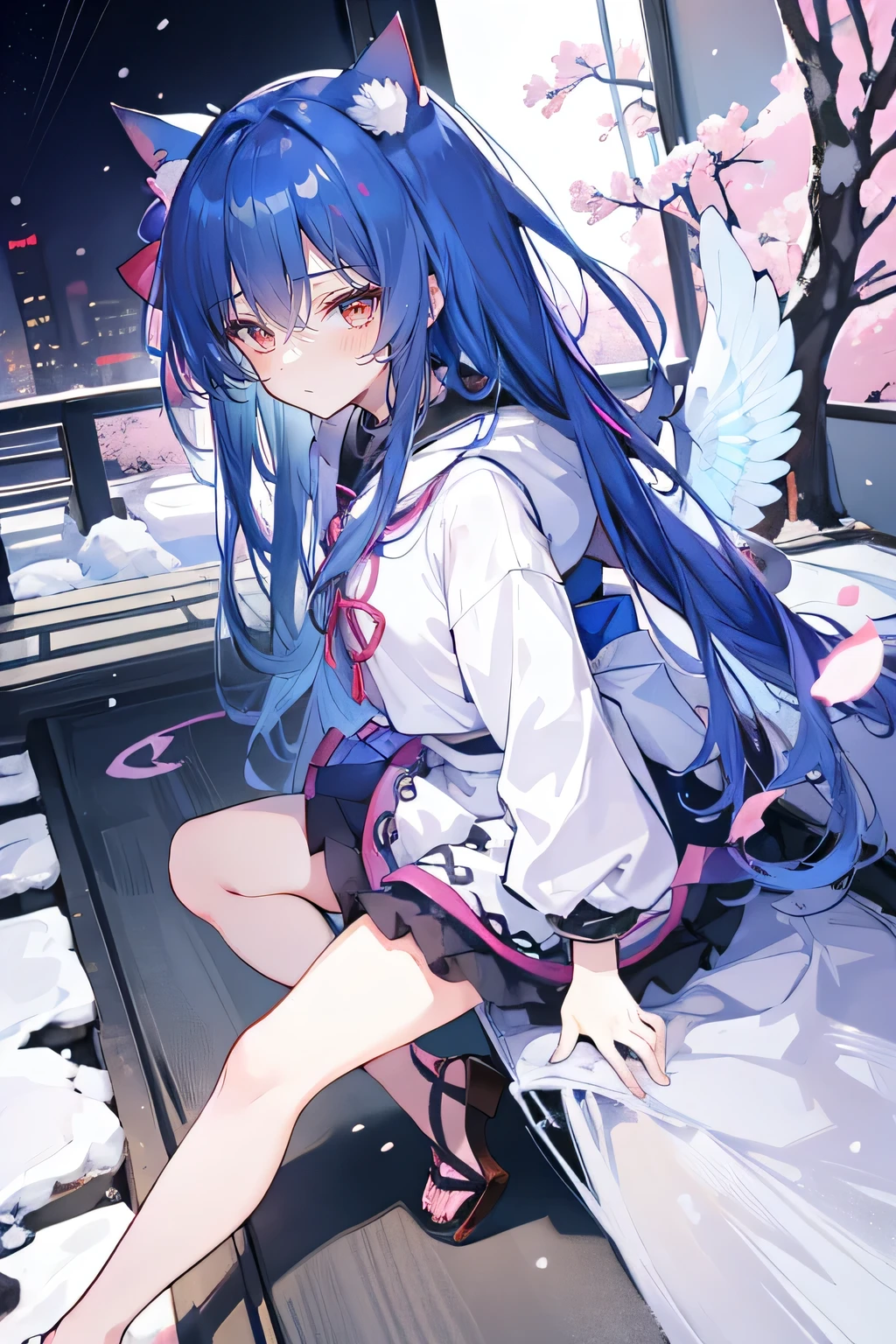 （masterpiece：1.2），Super detailed，lifelike，Expressive eyes，fair skin，perfect face shape，1 girl，
Japanese comics,Gorgeous blue hair,flowing blue hair,flowing clothes,Cat ears,Petals fall,beautiful lola,Baby Angel,
Cross your legs，Gentle and peaceful background，The pavilion is cool and comfortable,smile, wearing hoodie, background of tokyo,back views,snowing, winter，With angel wings。
