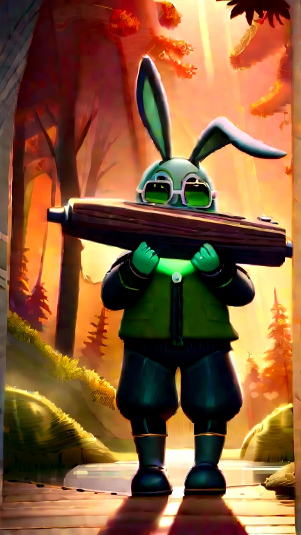 a 3D render (A photo of an adventurous little white rabbit sister standing on a path of autumn leaves), anthropomorphic turtle，full bodyesbian，Rear view，hairy, Clear and beautiful face, Big green bright eyes, Binoculars hanging from her , Sister  is wearing a green fashion adventure outfit,Green fashion pants， Red hiking boots on his feet, , cute ears, Red and green camping hats, fashionable sunglasses, Carry a green shoulder bag with you, trowels, camping equipment, A compass associated with many adventure tools, Curious to explore expressions, Cartoon, 4D, Fox,Cartoony， Background: Autumn Leaf Forest Trail Red Forest, autumn forest, red illuminating fog, In a red dream, really beautiful forest, Beautiful forest, Beautiful hazy wood, Red shade spray, Breathable and beautiful trees, breath-taking beautiful trees, red fog, beautiful forests and trees, Bright but dark red, red trees,
concept art of character,Photography,Clear  features,A beautiful painting by Alphonse Mucha,Pixar style,Cartoon style,beatrix potter （beatrix potter） 's illustration,Furuhiko's work,Masterpiece,Matte painting,dreamlike realism,magic realism,Dreamlike,author：Owen Blumenfeld,petra collins,author：natalia drepina,Dreamy atmosphere,Whimsical atmosphere,Ethereal atmosphere,Romantic atmosphere,illusory engine,Quixel Megascans Render,v-ray,UE5,High detail,hyper qualit,high resolution,trending on artstationh,8K16K,hyper photorealism,Faraway view， (degrees of freedom),cinema shot,Beautiful lighting, --AR 9:16 --style raw --uplight、目から涙を流してる、ハバネロを食べてる