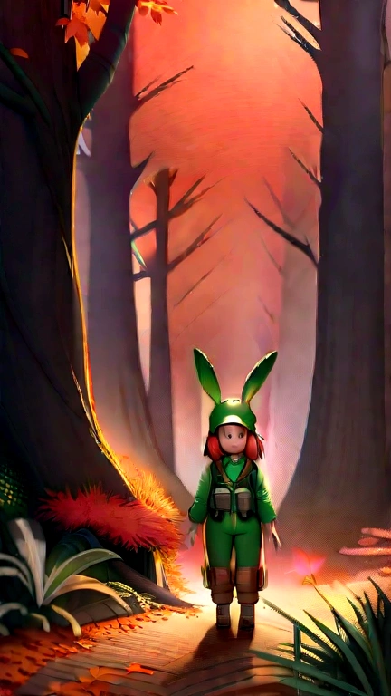 a 3D render (A photo of an adventurous little white rabbit sister standing on a path of autumn leaves), anthropomorphic turtle，full bodyesbian，Rear view，hairy, Clear and beautiful face, Big green bright eyes, Binoculars hanging from her chest, Sister Bunny is wearing a green fashion adventure outfit,Green fashion pants， Red hiking boots on his feet, , cute ears, Red and green camping hats, fashionable sunglasses, Carry a green shoulder bag with you, trowels, camping equipment, A compass associated with many adventure tools, Curious to explore expressions, Cartoon, 4D, Fox,Cartoony， Background: Autumn Leaf Forest Trail Red Forest, autumn forest, red illuminating fog, In a red dream, really beautiful forest, Beautiful forest, Beautiful hazy wood, Red shade spray, Breathable and beautiful trees, breath-taking beautiful trees, red fog, beautiful forests and trees, Bright but dark red, red trees,
concept art of character,Photography,Clear facial features,A beautiful painting by Alphonse Mucha,Pixar style,Cartoon style,beatrix potter （beatrix potter） 's illustration,Furuhiko's work,Masterpiece,Matte painting,dreamlike realism,magic realism,Dreamlike,author：Owen Blumenfeld,petra collins,author：natalia drepina,Dreamy atmosphere,Whimsical atmosphere,Ethereal atmosphere,Romantic atmosphere,illusory engine,Quixel Megascans Render,v-ray,UE5,High detail,hyper qualit,high resolution,trending on artstationh,8K16K,hyper photorealism,Faraway view， (degrees of freedom),cinema shot,Beautiful lighting, --AR 9:16 --style raw --uplight、目から涙を流してる、ハバネロを食べてる