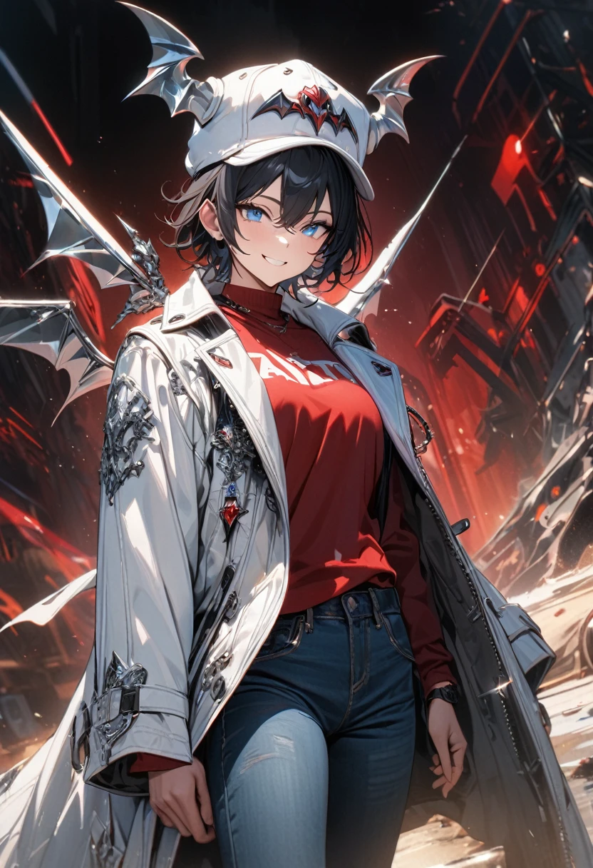 Adult man, short black hair, blue eyes, white leather coat, red T-shirt, silver elements, jeans, demon hat, metal wings, smile, Masterpiece, best quality, Full HD, 8k, ultra details, great graphic