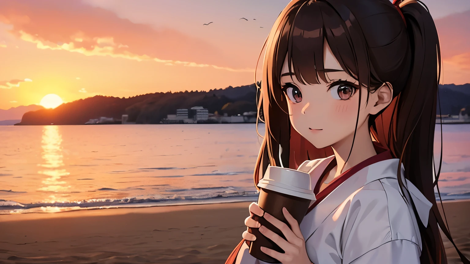 Ultra-detailed, High resolution, (Awareness-raising:1.4), 8K, RAW Photos, (masterpiece), (Best image quality), Physical Rendering, Female college student, Long brown hair, Japan, Beach, By appearance, bikini,maikurobiki,The Sunset Sun,Red Sky,Beach,holding a coffee cup in hand