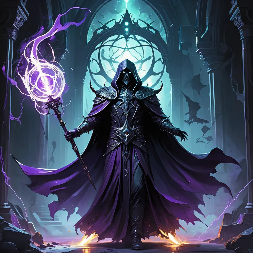 In the shadowed realm where the boundary between life and death blurs, there dwells a human necromancer whose soul burns with an unearthly purple hue. Once a scholar of forbidden arts, he delved into arcane secrets that shattered his mortal ties and bound him to the spectral energies of the beyond. Describe the necromancer's appearance: clad in robes of midnight velvet adorned with runes of ancient power, his eyes gleaming with a haunting radiance that mirrors the color of his soul. Detail the necromancer's mastery over death: commanding legions of spectral minions and communing with restless spirits to unearth long-buried secrets or bend the will of the deceased to his dark bidding. Explore his motivations: whether driven by a quest for immortality, vengeance against those who wronged him, or a desire to rewrite the laws of life and death itself. In a world where necromancy is both feared and coveted, unravel the necromancer's journey as he navigates the perilous paths of power and the ever-present threat of succumbing to the darkness that fuels his abilities.