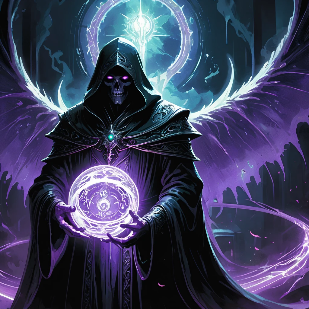 In the shadowed realm where the boundary between life and death blurs, there dwells a human necromancer whose soul burns with an unearthly purple hue. Once a scholar of forbidden arts, he delved into arcane secrets that shattered his mortal ties and bound him to the spectral energies of the beyond. Describe the necromancer's appearance: clad in robes of midnight velvet adorned with runes of ancient power, his eyes gleaming with a haunting radiance that mirrors the color of his soul. Detail the necromancer's mastery over death: commanding legions of spectral minions and communing with restless spirits to unearth long-buried secrets or bend the will of the deceased to his dark bidding. Explore his motivations: whether driven by a quest for immortality, vengeance against those who wronged him, or a desire to rewrite the laws of life and death itself. In a world where necromancy is both feared and coveted, unravel the necromancer's journey as he navigates the perilous paths of power and the ever-present threat of succumbing to the darkness that fuels his abilities.