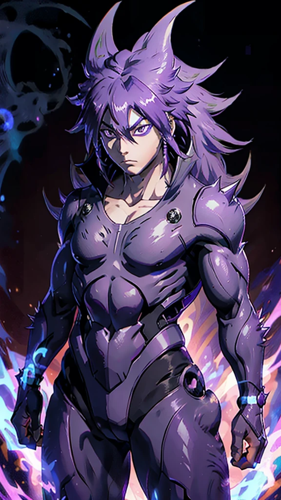 Humanoid kaiju with long spiky hair Muscular Man Male Straight Purple energy 