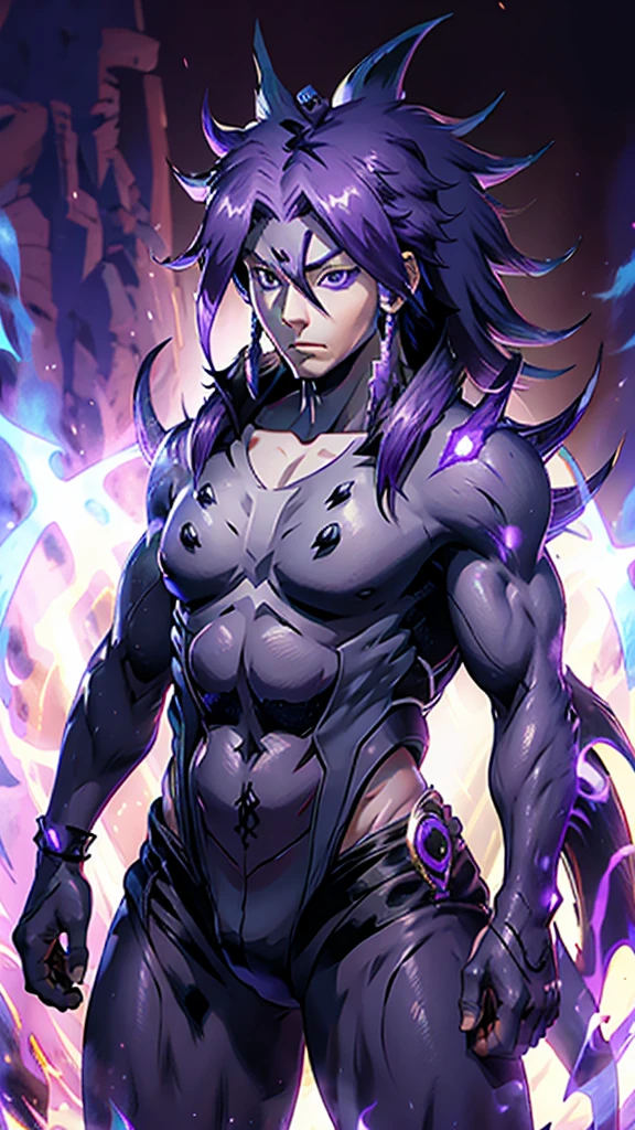 Humanoid kaiju with long spiky hair Muscular Man Male Straight Purple energy 