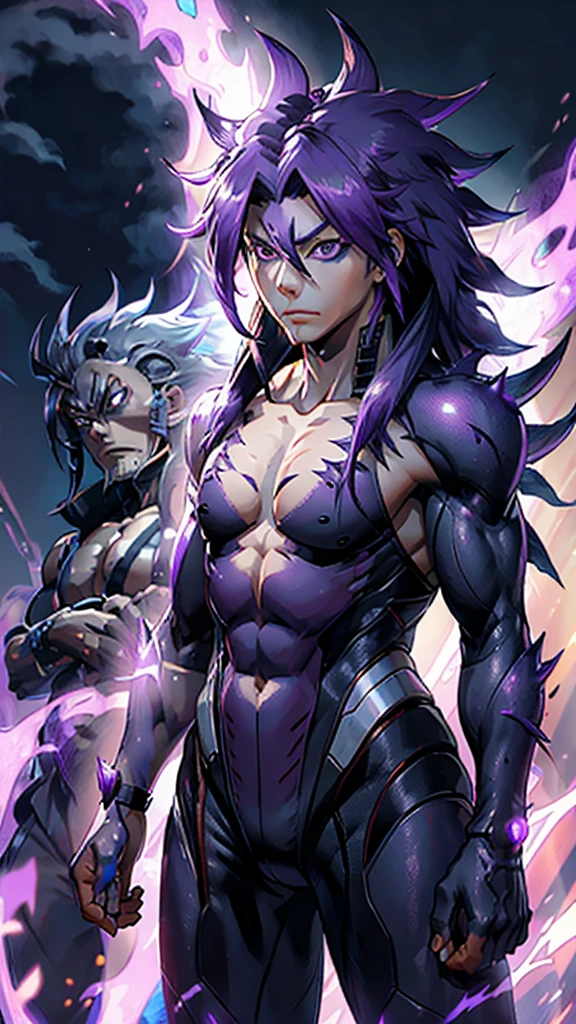 Humanoid kaiju with long spiky hair Muscular Man Male Straight Purple energy 