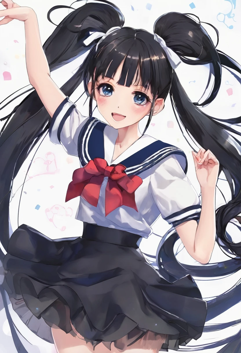 work, Highest quality, girl, Twin tails、long 髪 alternative, absurdly long 髪, Black Hair, bow 髪,  Captivating smile, tongue, Iris, Long eyelashes, Small breasts, Sailor, Black long skirt, shoes, meanwhile, Hair Ribbon, dance、Narrow eyes