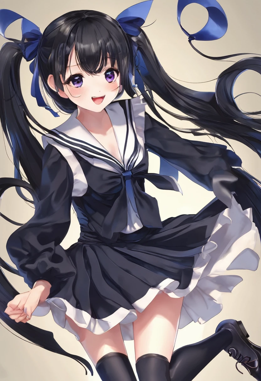 work, Highest quality, girl, Twin tails、long 髪 alternative, absurdly long 髪, Black Hair, bow 髪, Captivating smile, tongue, Iris, Long eyelashes, Small breasts, Sailor, Black long skirt, shoes, meanwhile, Hair Ribbon, dance、Narrow eyes