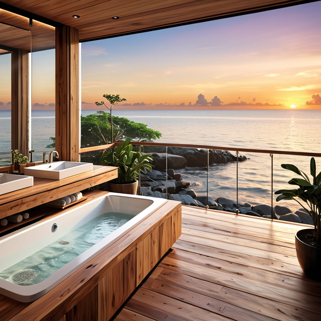 Design a luxurious bathroom with a breathtaking ocean view. The bathroom features large floor-to-ceiling windows that open to a deck overlooking the sea. The space includes a spacious shower area with a glass enclosure, a long wooden vanity with dual sinks, and modern fixtures. Warm, recessed lighting illuminates the room, enhancing the natural wooden elements and creating a cozy atmosphere. A freestanding bathtub is positioned on the deck, allowing for a relaxing bath with a stunning sunset view over the ocean. Add a few potted plants and minimalistic decor to complete the elegant and serene design.