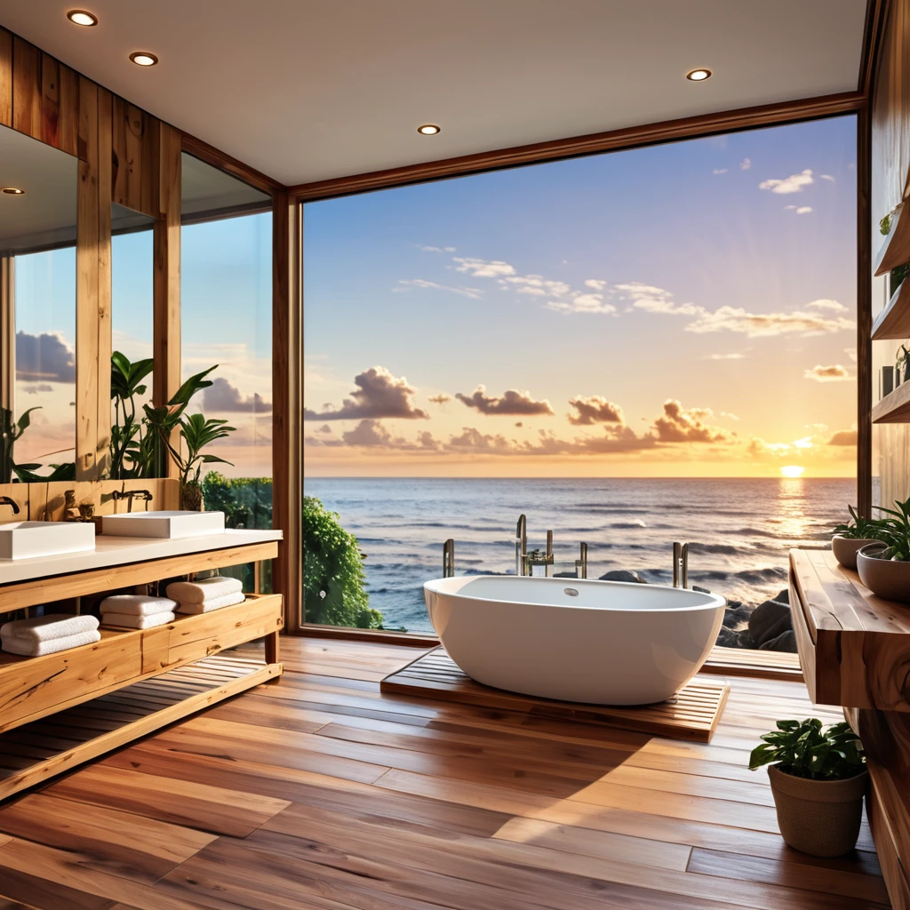Design a luxurious bathroom with a breathtaking ocean view. The bathroom features large floor-to-ceiling windows that open to a deck overlooking the sea. The space includes a spacious shower area with a glass enclosure, a long wooden vanity with dual sinks, and modern fixtures. Warm, recessed lighting illuminates the room, enhancing the natural wooden elements and creating a cozy atmosphere. A freestanding bathtub is positioned on the deck, allowing for a relaxing bath with a stunning sunset view over the ocean. Add a few potted plants and minimalistic decor to complete the elegant and serene design.