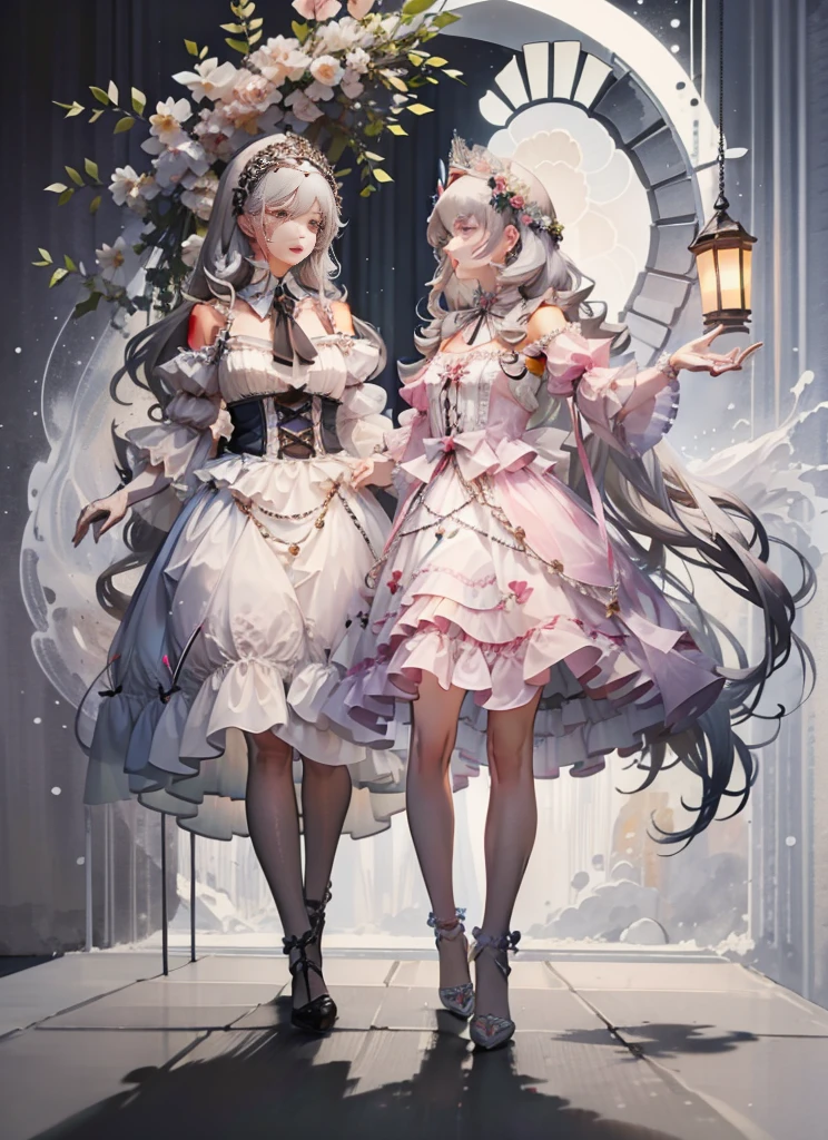 (Extremely delicate and beautiful:1.5),A Russian girl in her early 20s with ash grey hair, standing on your feet, 独奏, full body,Sweet face,Light smile,By bangs, Gemstone eyes, Contre-Jour,Long curly hair, ta dress, Keep one's mouth shut, seen from the side, lanterns, light particules, longer sleeves, looking at viewert,pink bows, The background is filled with seven colors, The face is dense((must))