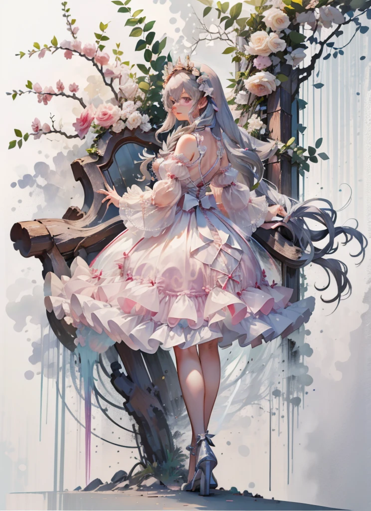 (Extremely delicate and beautiful:1.5),A Russian girl in her early 20s with ash grey hair, standing on your feet, 独奏, full body，Sweet face，Light smile，By bangs, Gemstone eyes, Contre-Jour，Long curly hair, Lolita dress, Keep one's mouth shut, seen from the side, lanterns, light particules, longer sleeves, looking at viewert，pink bows, The background is filled with seven colors, The face is dense((must))