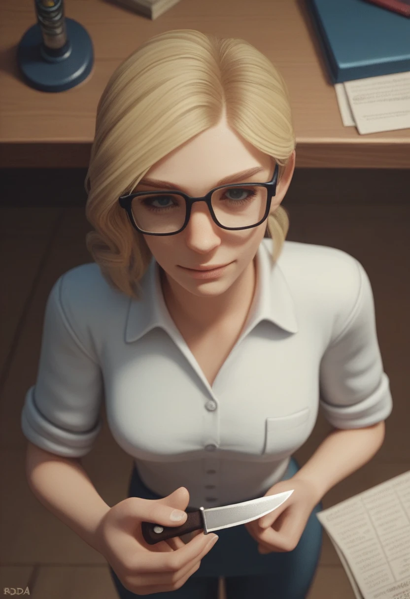 a woman with glasses, hair blonde, no back ground, top view, telegram, Grinning, kda, thrill, April rendering, adorable, hybarium, 3d animated, 3D animated, right hand knife, fork in left hand.