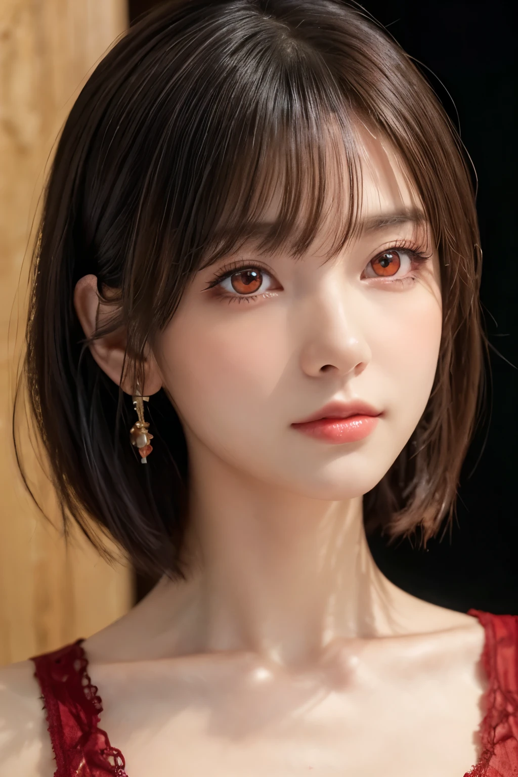 (masterpiece:1.2, Highest quality), (Beautiful, detailed eyes: 1.2、Beautiful skin、Beautiful hair、Good posture and dignity、Beautiful manners、sympathy、Beautiful eyes), ((One Woman)), (Red eyes:1.4), (Detailed eyes and face:1.3), ((Woman with short hair)), (Beautiful and vivid background:1.2), (Highly detailed CG, Super detailed, Best Shadow:1.1), ((Depth of written boundary)), ((watercolor)), beautiful concept figure, (Orange background:0.5), (figure:1.1), (Very nice and beautiful:1.1), (Perfect detail:1.1), from the front, Cowboy Shot, scenery 、Put out your ears、Long beautiful neck