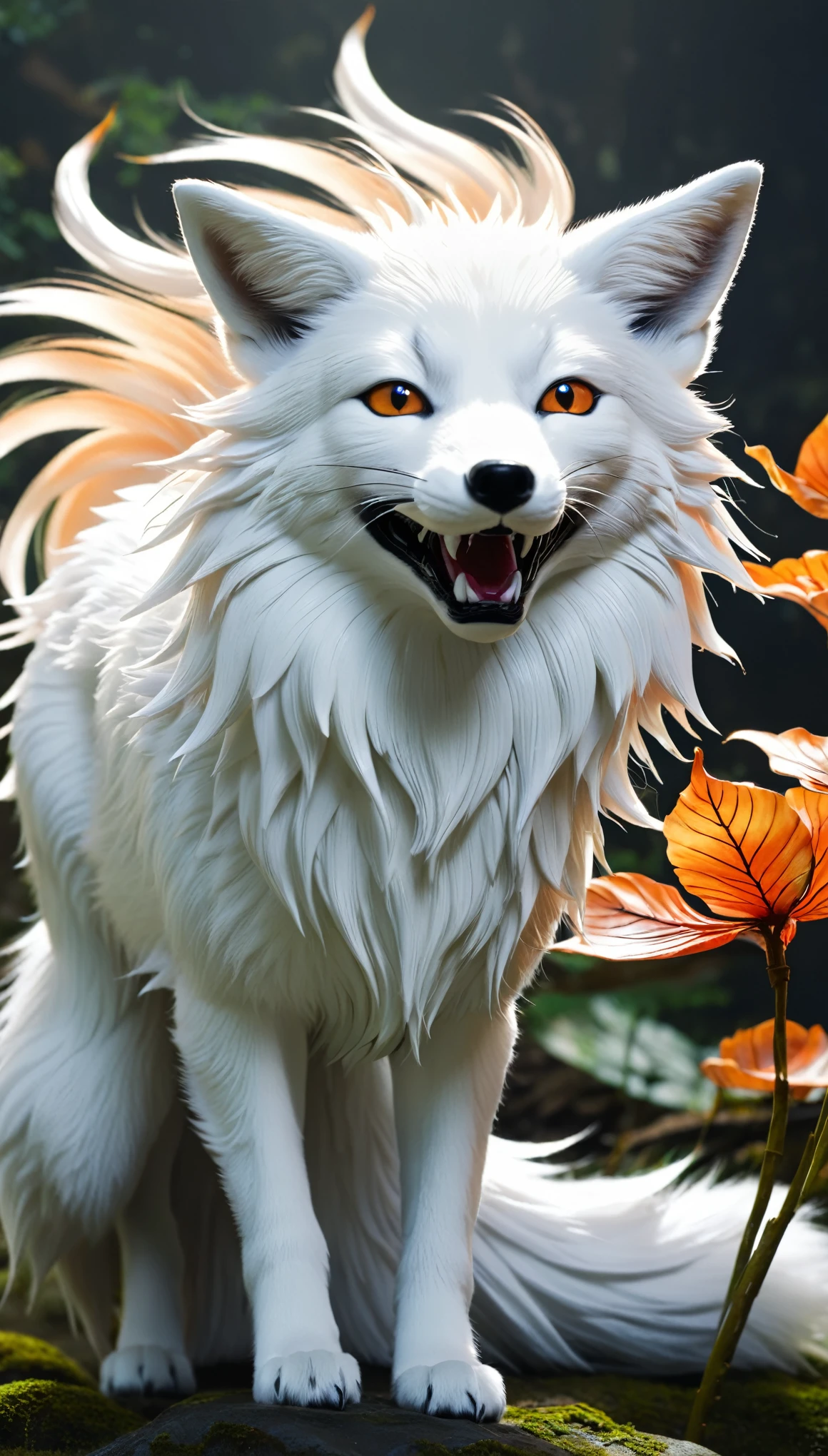 Nine-Tailed Fox: "Create a hyper-realistic and high-definition image of a Nine-Tailed Fox (Kyūbi no Kitsune) from Japanese folklore, with majestic tails and a mystical aura."