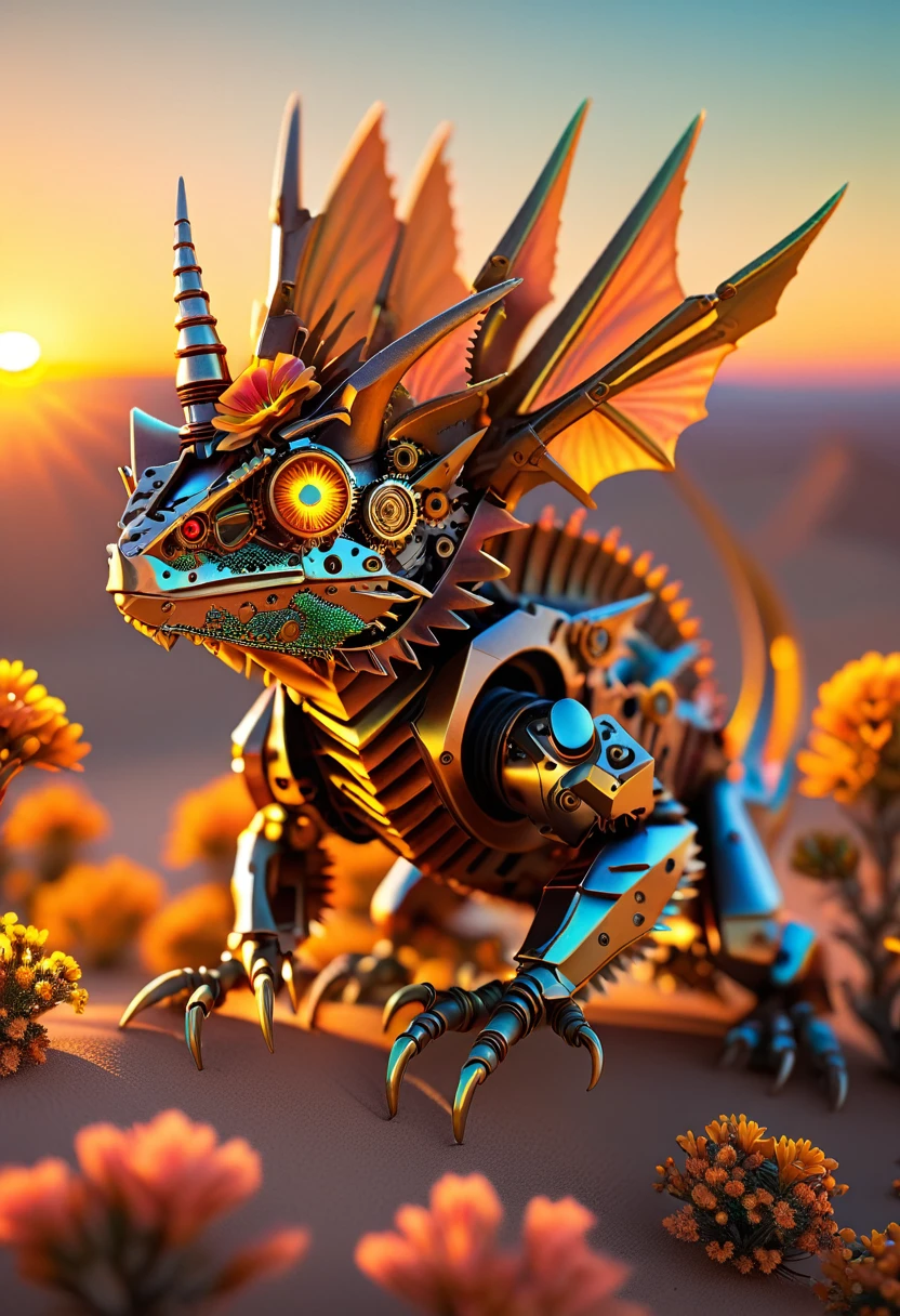 a steampunk horned lizard, cyborg style, neon, blooming desert, desert vegetation, sunset, golden hour, trending on ArtStation, intricate, hyper detailed, ultra realistic, sharp focus, octane render,