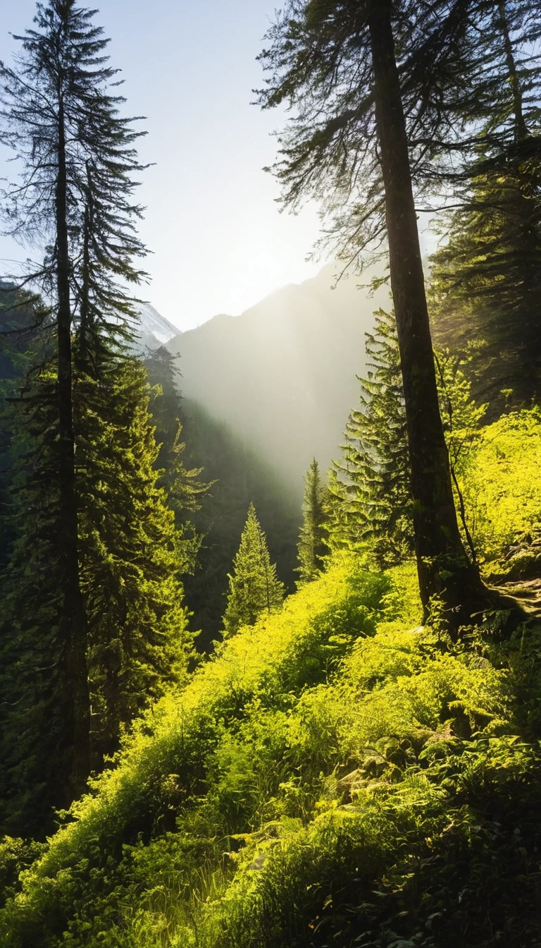 In the mountains, sunlight filtering through the trees