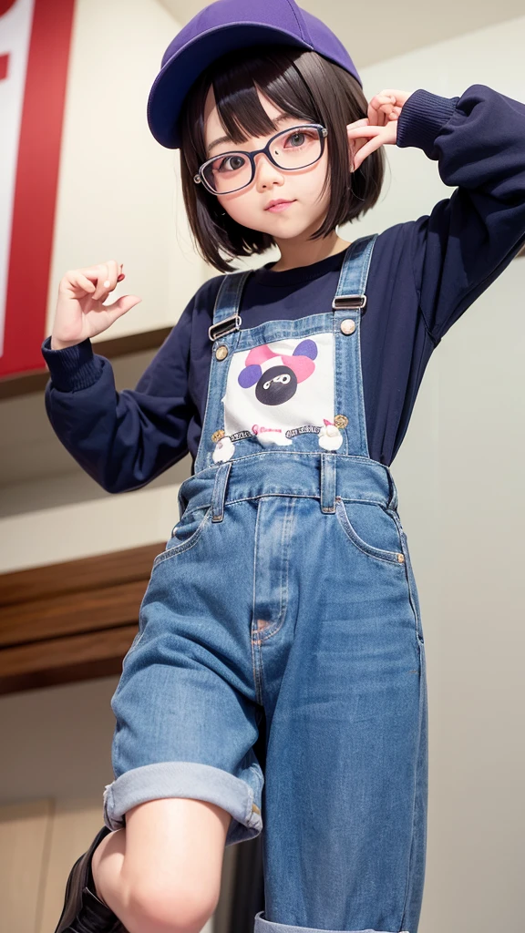 Small and slightly rounded body type。Overall it&#39;s cute、Gives a slightly childish impression。
Round face。Plump cheeks。
Big, round eyes。The eyes are black、Big eyes like an anime character。
Narrow and arched、Gives a gentle and cute impression。
the nose is small and round,。
The mouth is small、When you smile, both ends rise。A bright and cheerful smile。
Hairstyle:has short purple hair、The bangs are blunt。
He is wearing large round glasses.。Wearing a red cap、In front of the cap「Arare」it is written like this。Long blue overalls and a white T-shirt、Yellow Boots。
Raise your right hand high「Uncha」&quot; he said cheerfully.。The left hand is on the hip。