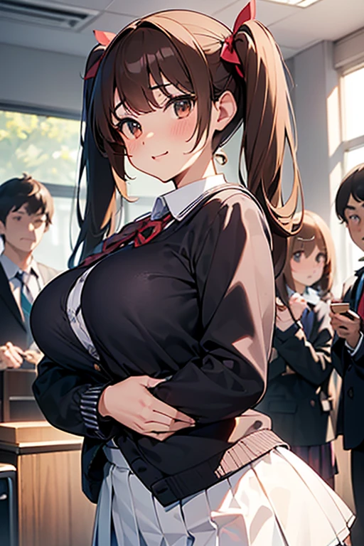 closeup upperbody,breasts focus,Looks bigger breasts,(bascule breasts:1.5),(Chewy breasts,tender breasts:1.3),blouse,(clothed breasts:1.4),(Floating up breasts:1.1),school blazer,(schooluniform),(Attract the attention of the public,crowd:1.3),(indoor:1.3),Twin tails,Brown Hair,Big ribbon,