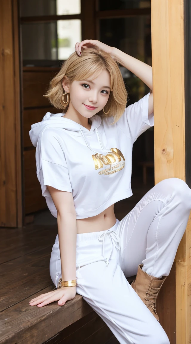flying debris、Highest quality、An illustration、Highest quality、got it、High resolution、8k wallpaper、Perfect dynamic composition、(((Ezvian Everywhere)))、((From below))、Beautiful and cute 20 year old girl、Beautiful face in every detail、Delicate and cute eyes、Fine skin、Red cheeks.、shy、(Semi-short hair:1.3)、(wavy blonde hair)、Small breasts、Bold sexy pose、smile、Small breasts、Between the legs、Small Ass、Thin butt、Generated on the eaves.、Narrow shoulders、wavy blonde hair、blonde、Heart-shaped earrings、smile、、Gold bracelet、Tie your hair back、White hoodie、Deeply hooded、Loose fitting white harem pants、Baggy pants、Combat Boots、Army Boots、Standing posture that shows the whole body、